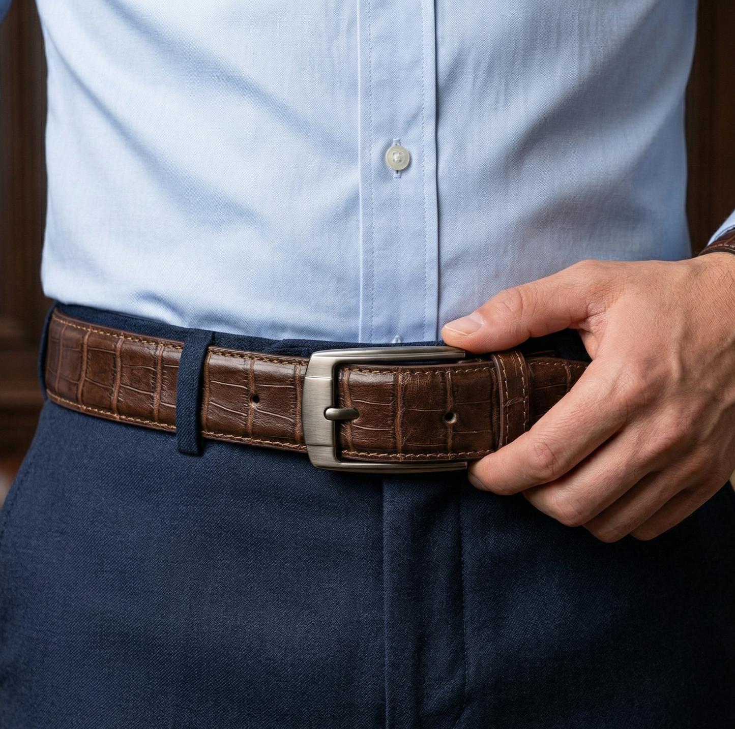 Croco Print Leather Belt for Men - Brown