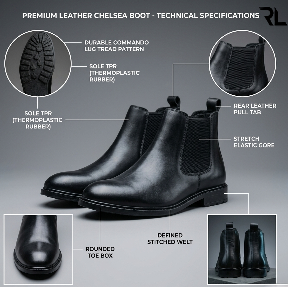 Black Leather Chelsea Boot For Men's - 1003
