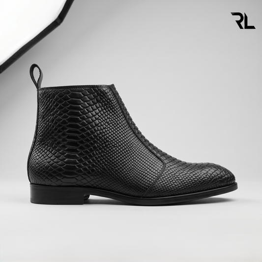 Men's Croco -Textured Leather Chelsea Boots - Black- 1006