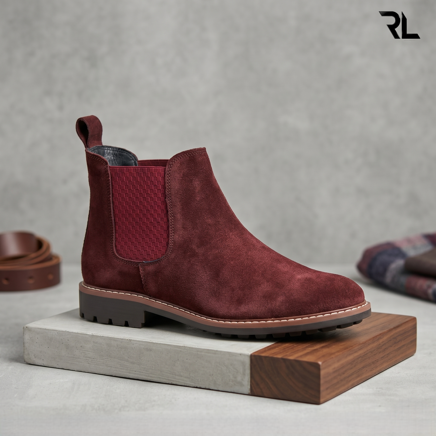 Suede Leather Chelsea Boot - Cherry- 1002