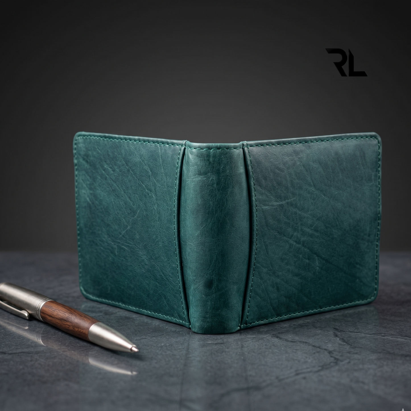 Vintage Leather Bifold Wallet - Greenish Blue