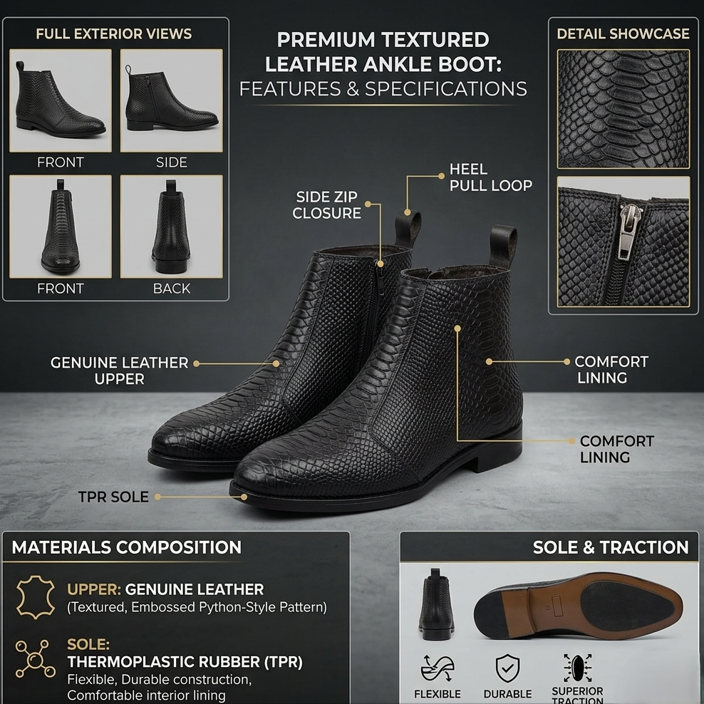 Men's Croco -Textured Leather Chelsea Boots - Black- 1006