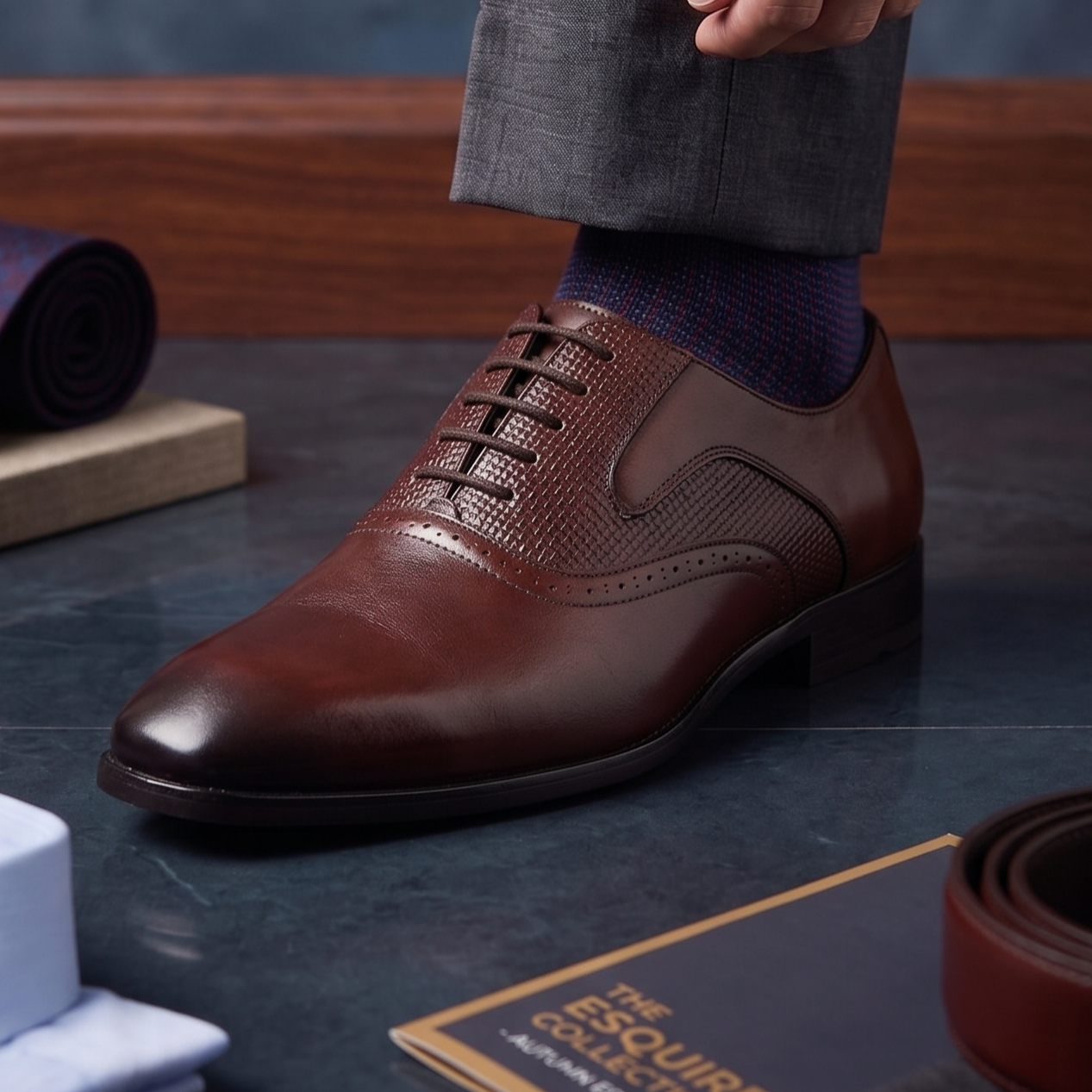 Oxford Textured Leather Shoe - Brown - 2007