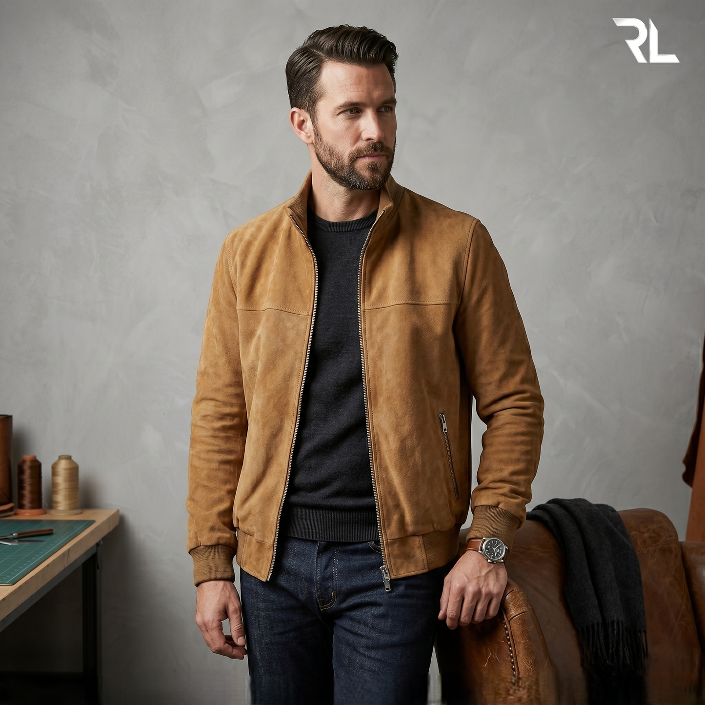 Suede Leather Bomber Jacket - Camel - 9001