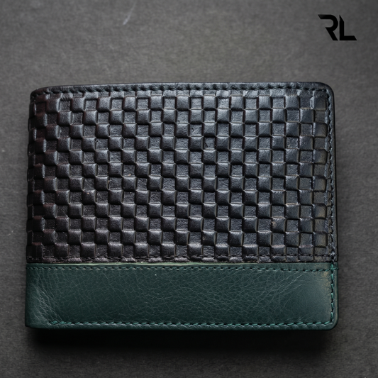 Premium Dual-Tone Woven Leather Wallet for Men – Black & Teal Green
