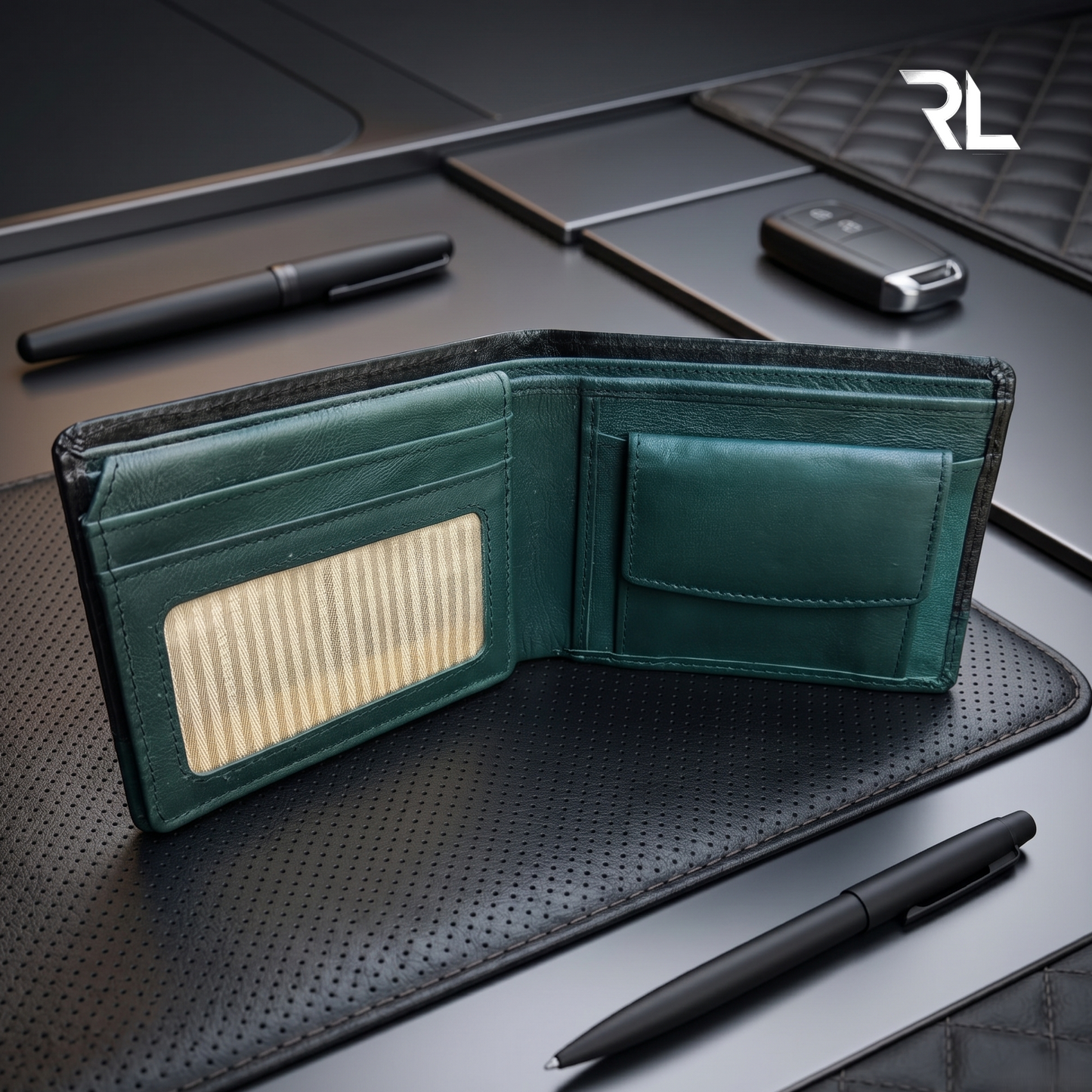 Premium Dual-Tone Woven Leather Wallet for Men – Black & Teal Green