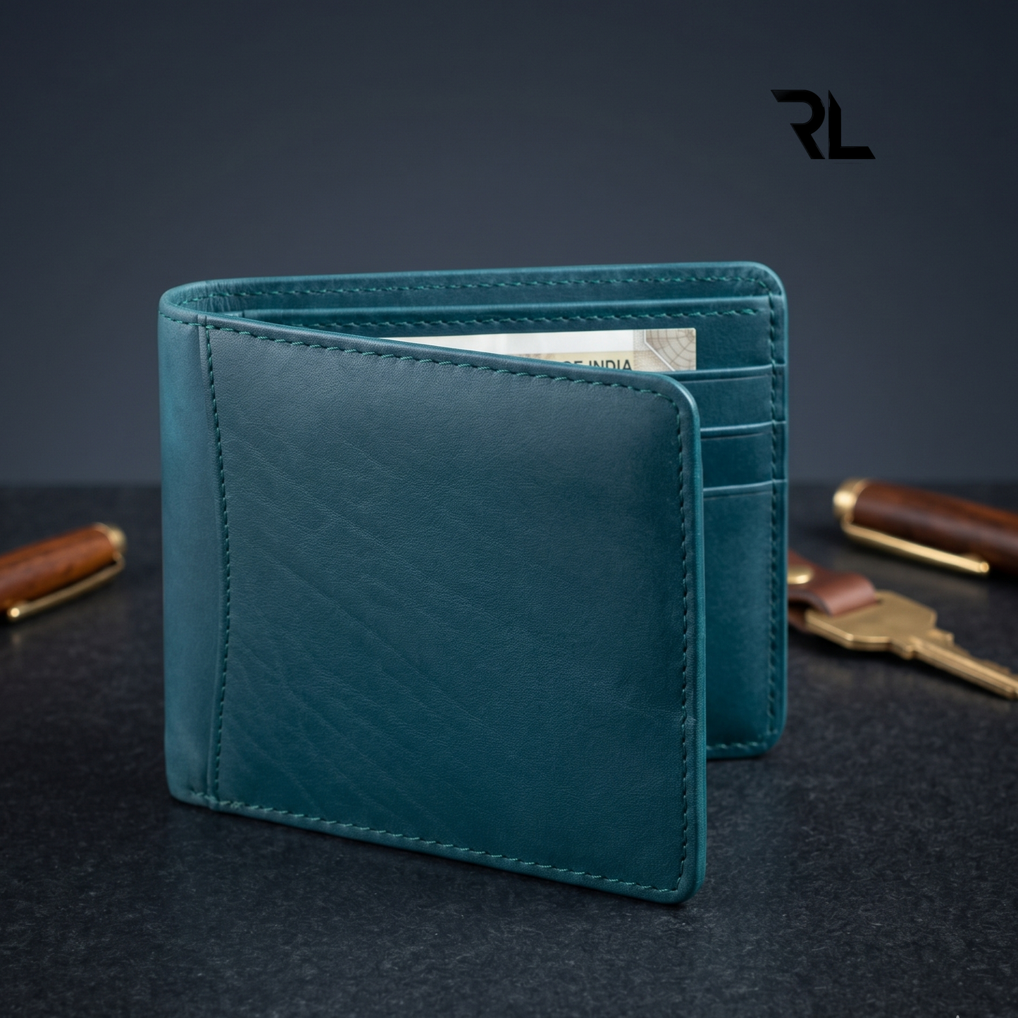 Vintage Leather Bifold Wallet - Greenish Blue