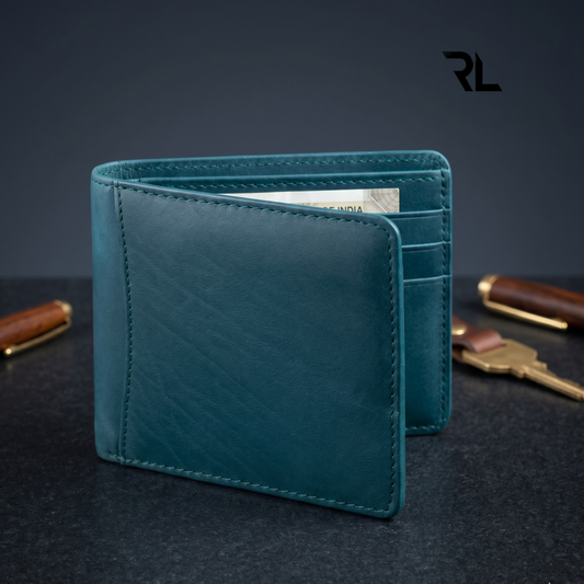 Vintage Leather Bifold Wallet - Greenish Blue