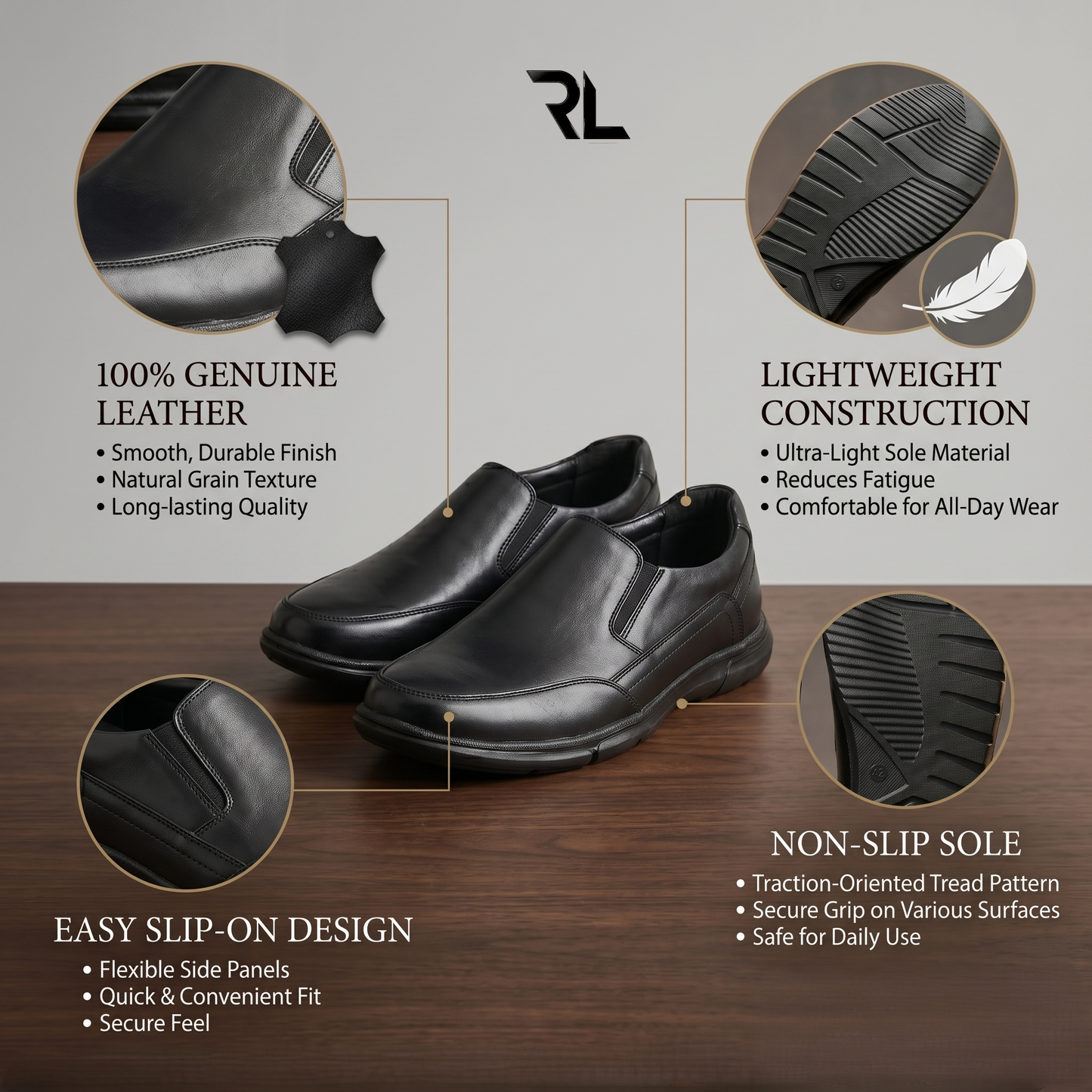 Leather Slip on Shoes for Men - Black  - 2019