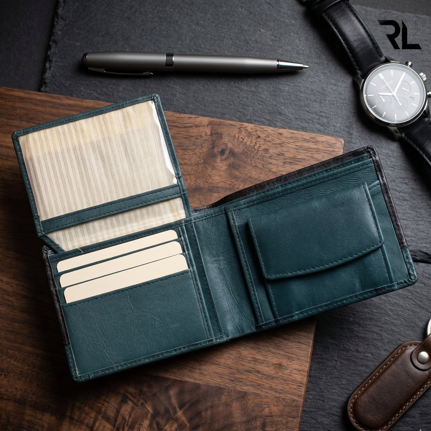 Premium Dual-Tone Woven Leather Wallet for Men – Black & Teal Green