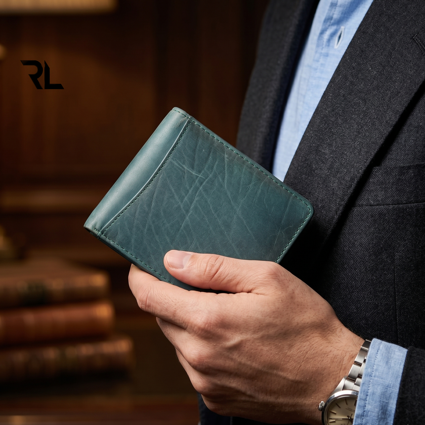 Vintage Leather Bifold Wallet - Greenish Blue
