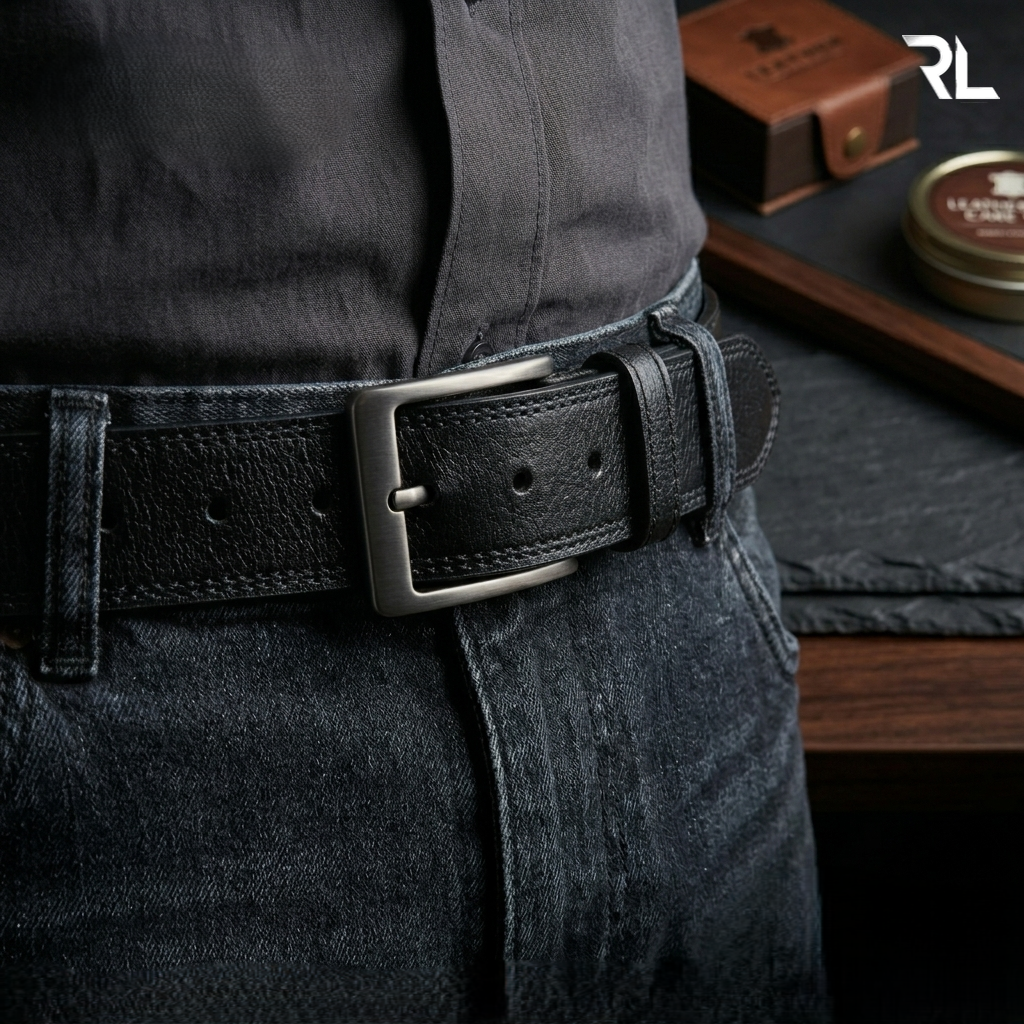 Semi casual leather belt for men - black