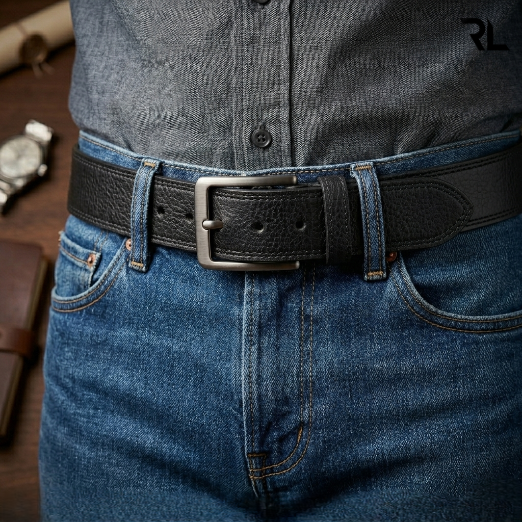 Semi casual leather belt for men - black