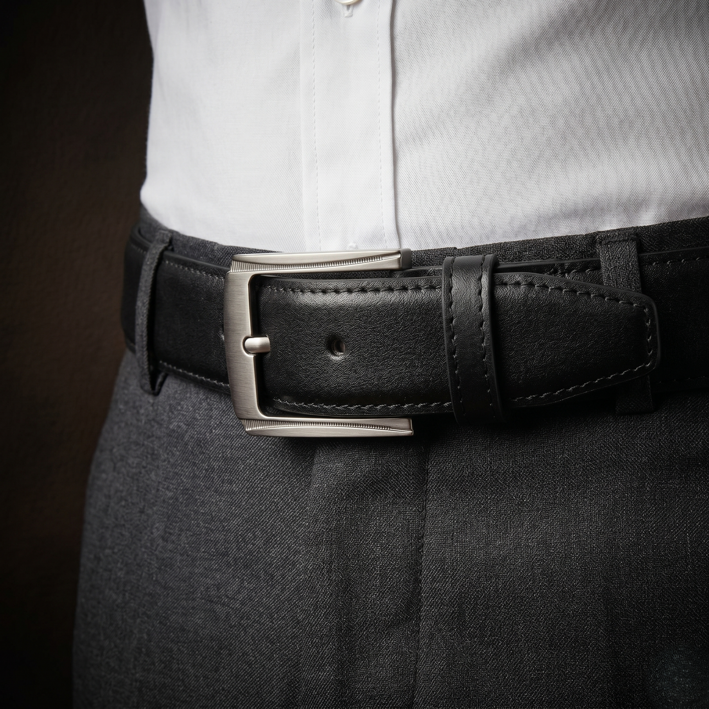 Men's Black Formal Genuine Leather Belt with Classic Metal Buckle