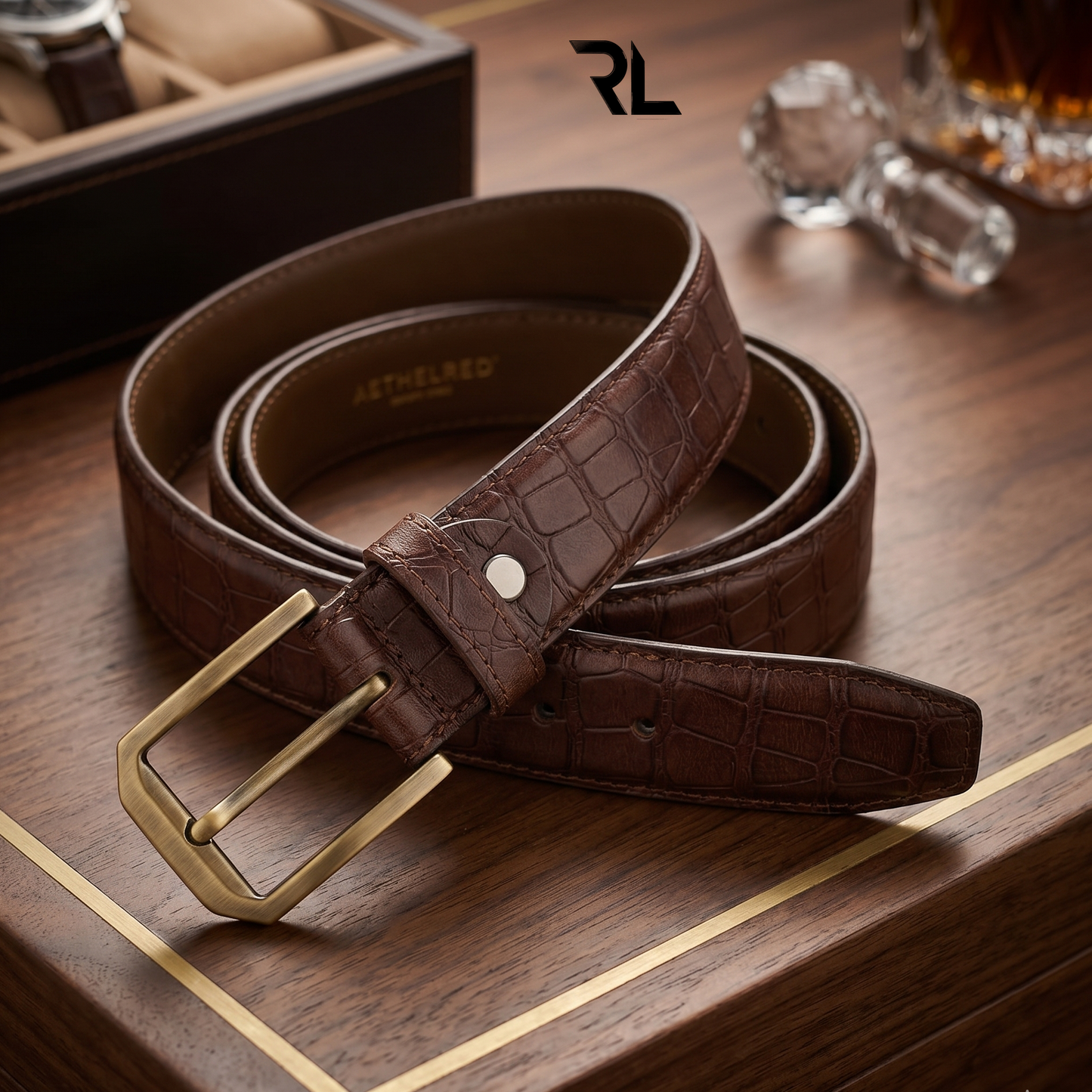 Formal Croco Print Leather Belt for Men's - Brown