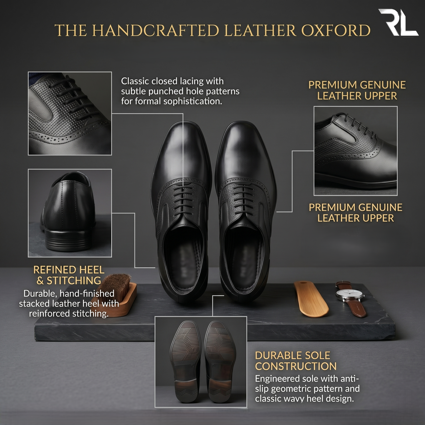 Oxford Textured Leather Shoe - Black - 2007