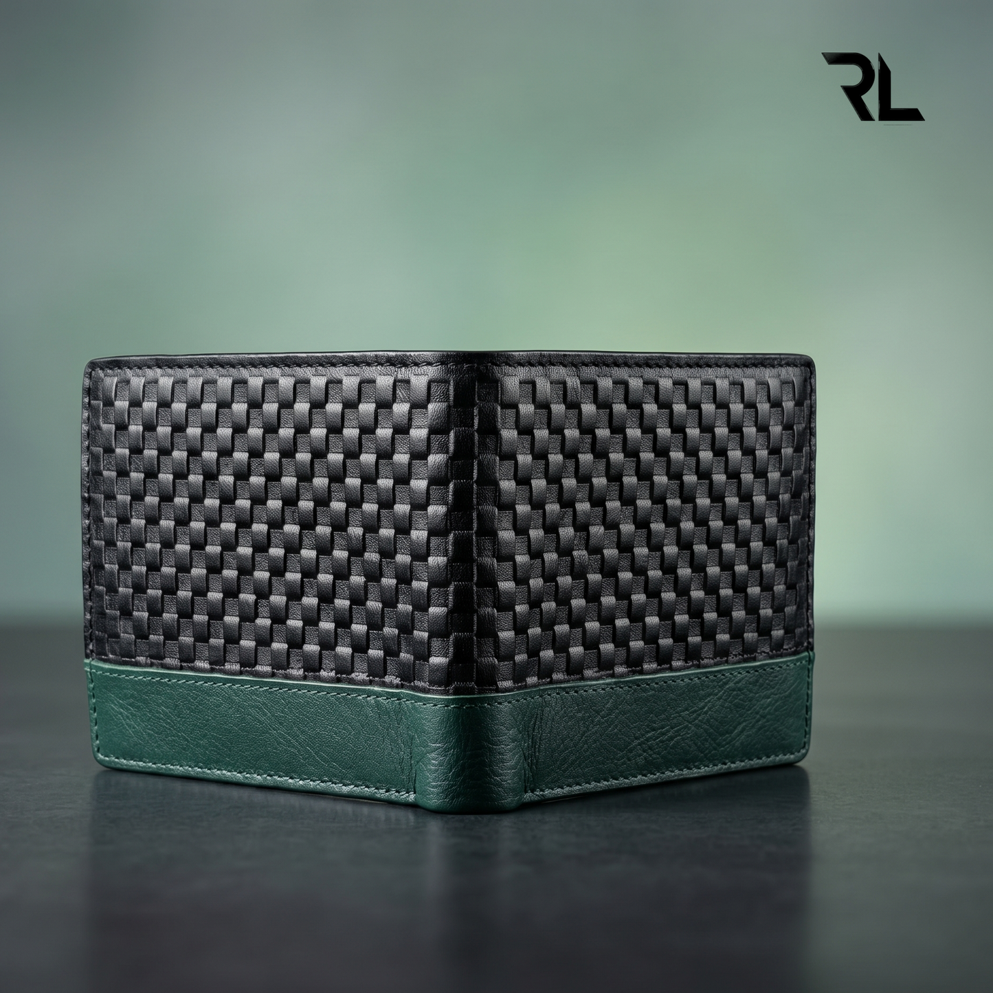 Premium Dual-Tone Woven Leather Wallet for Men – Black & Teal Green