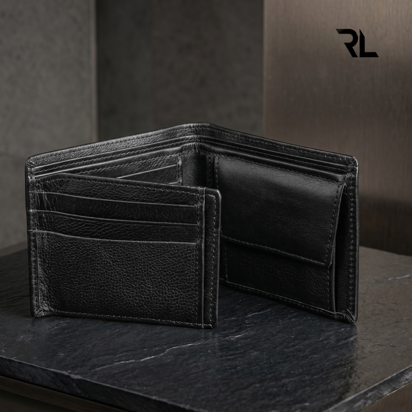 Black Leather Bi-Fold Wallet with Card Holder