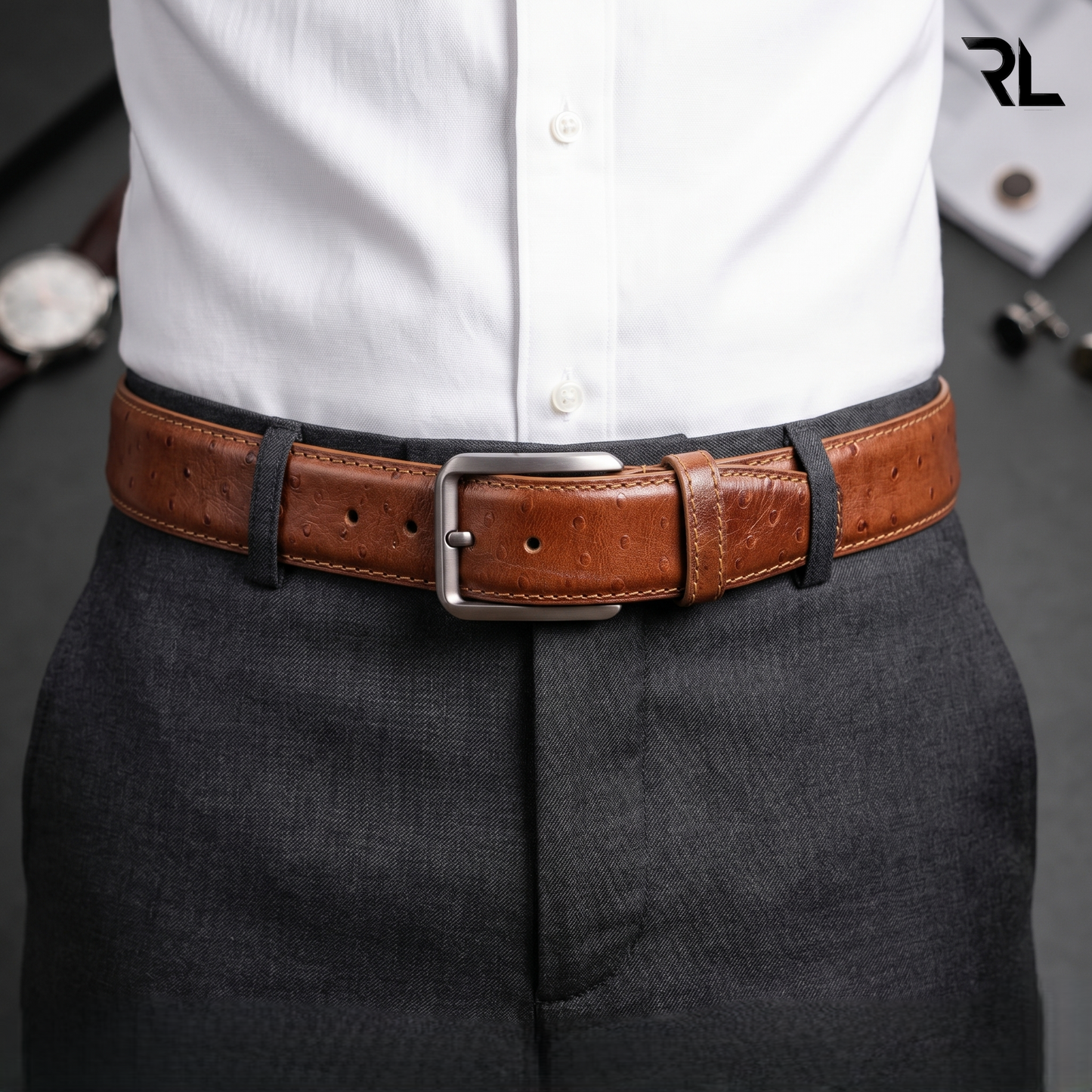 Formal Leather Belt Ostrich Print - Tan