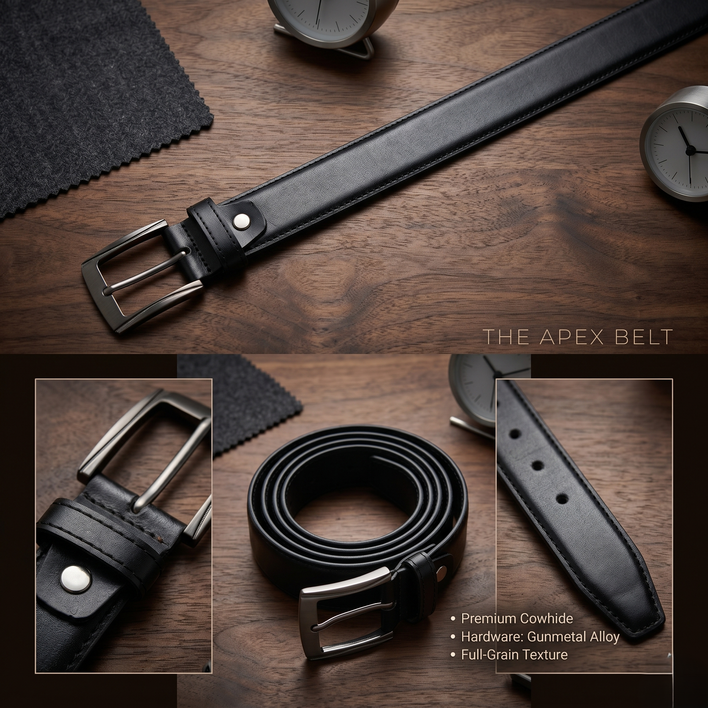 Men's Black Formal Genuine Leather Belt with Classic Metal Buckle