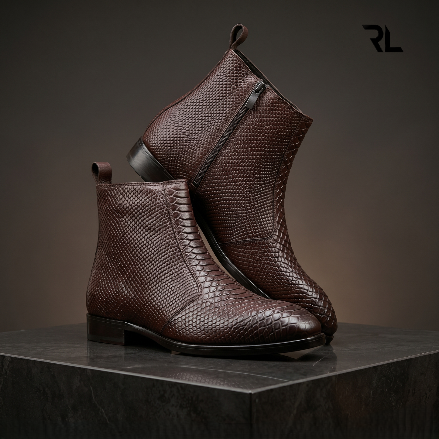 Men's Croco -Textured Leather Chelsea Boots - Brown - 1006