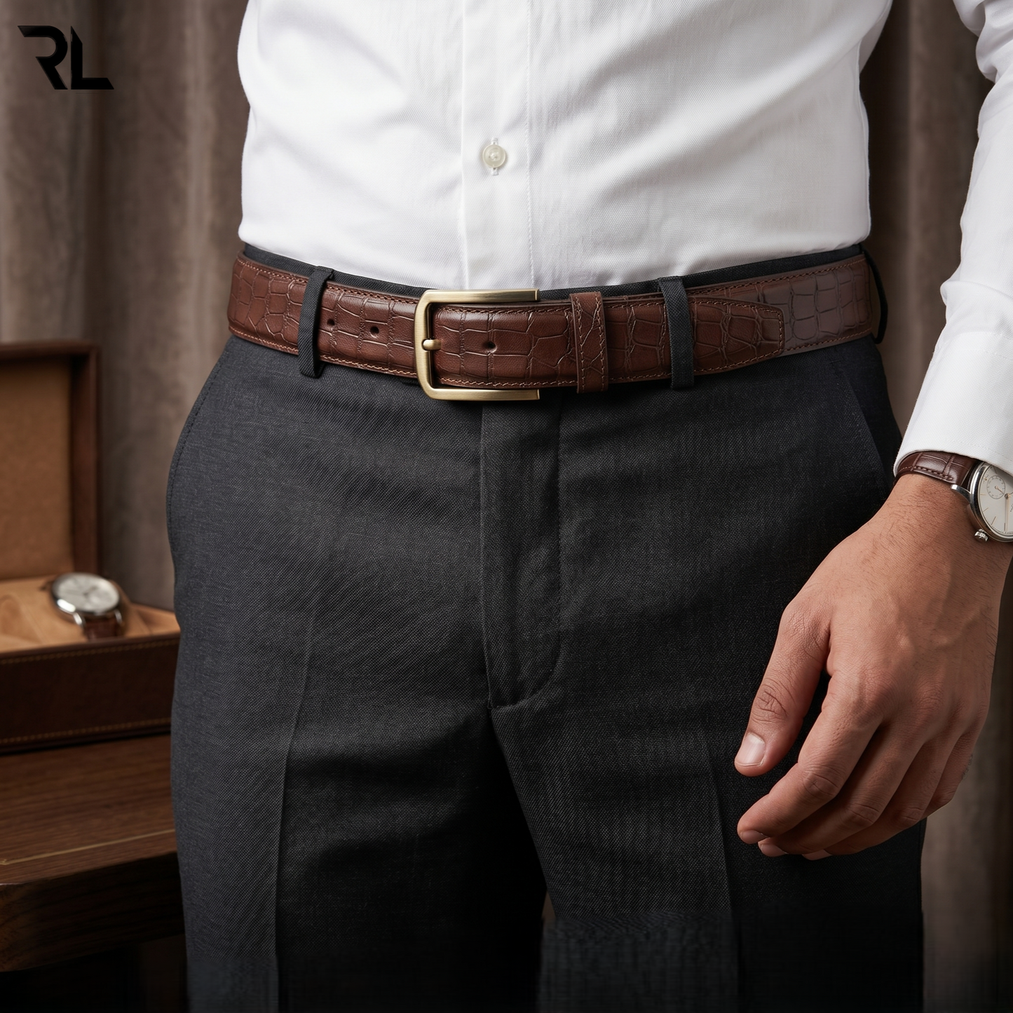 Formal Croco Print Leather Belt for Men's - Brown