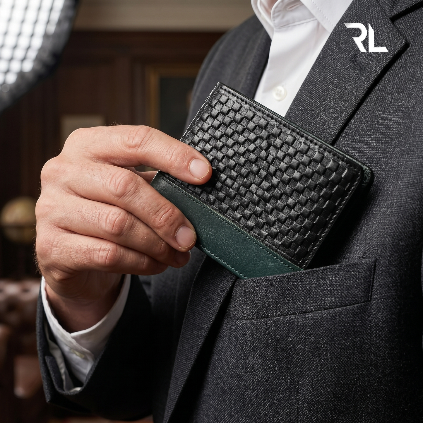 Premium Dual-Tone Woven Leather Wallet for Men – Black & Teal Green