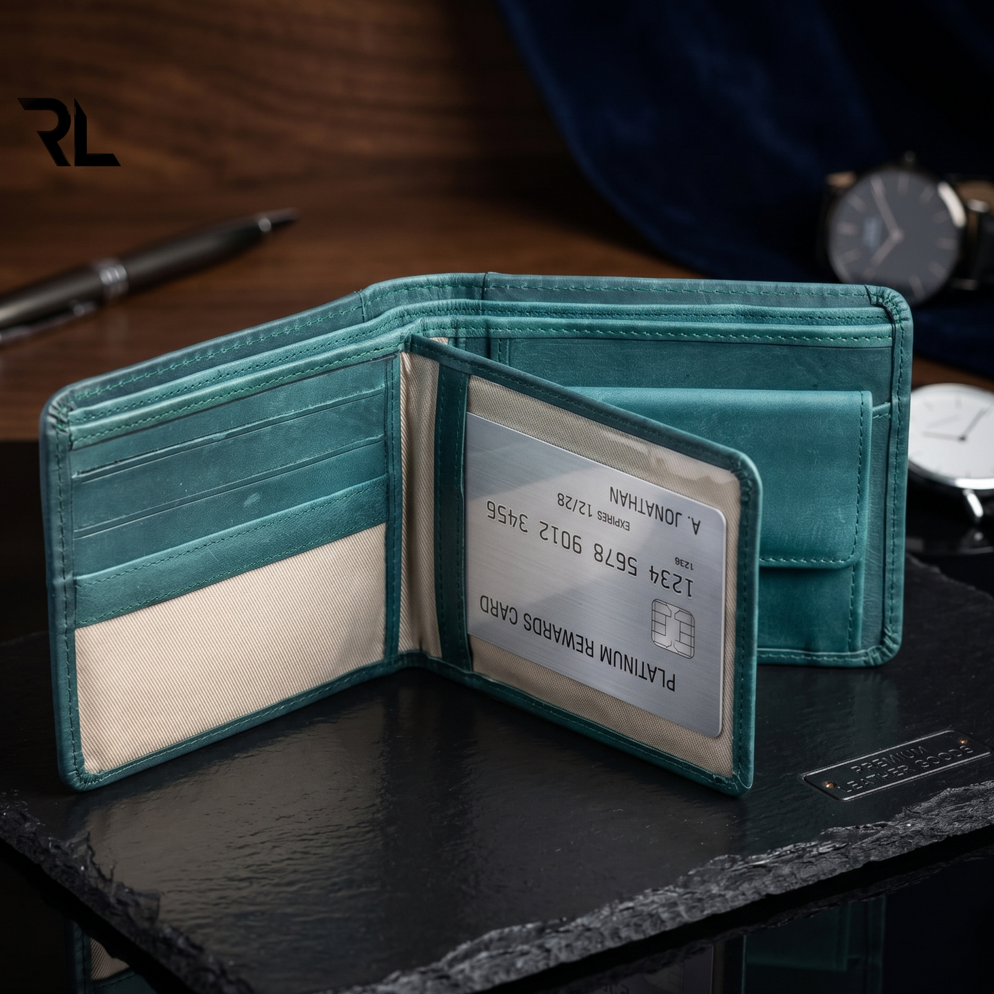Vintage Leather Bifold Wallet - Greenish Blue