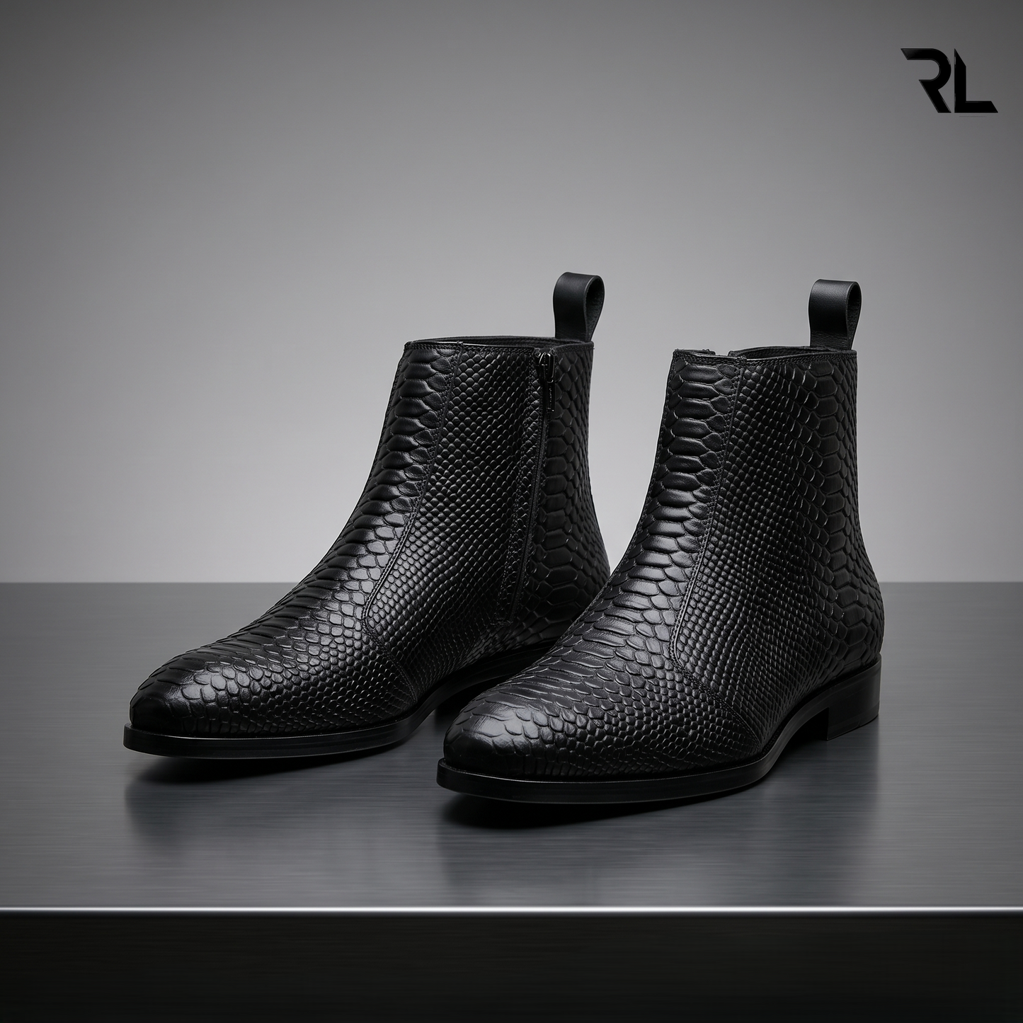 Men's Croco -Textured Leather Chelsea Boots - Black- 1006