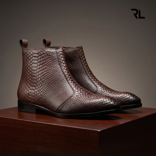 Men's Croco -Textured Leather Chelsea Boots - Brown - 1006