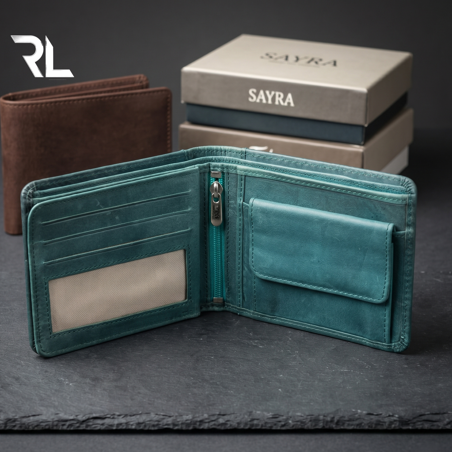 Vintage Leather Bifold Wallet - Greenish Blue