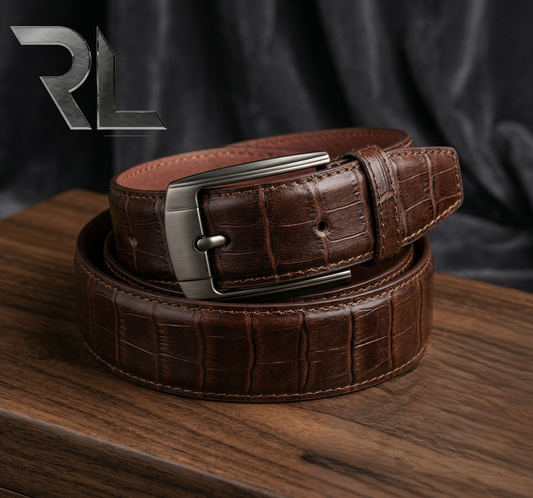 Croco Print Leather Belt for Men - Brown