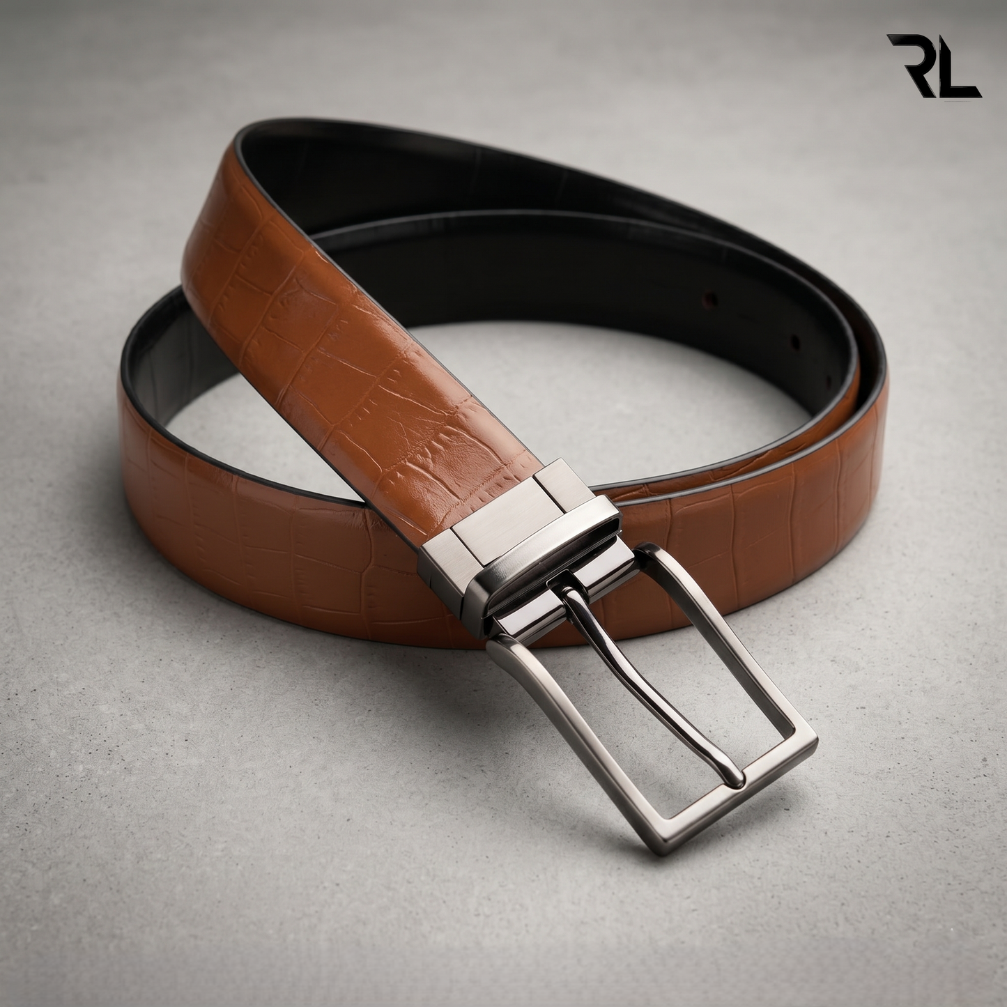 Leather croco print belt for men's - Black/Tan