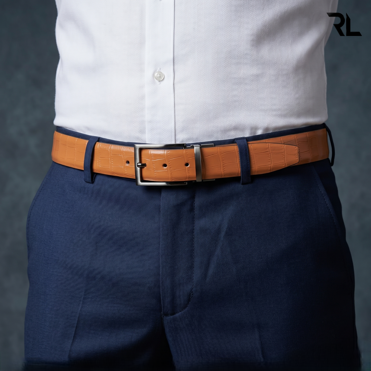 Leather croco print belt for men's - Black/Tan