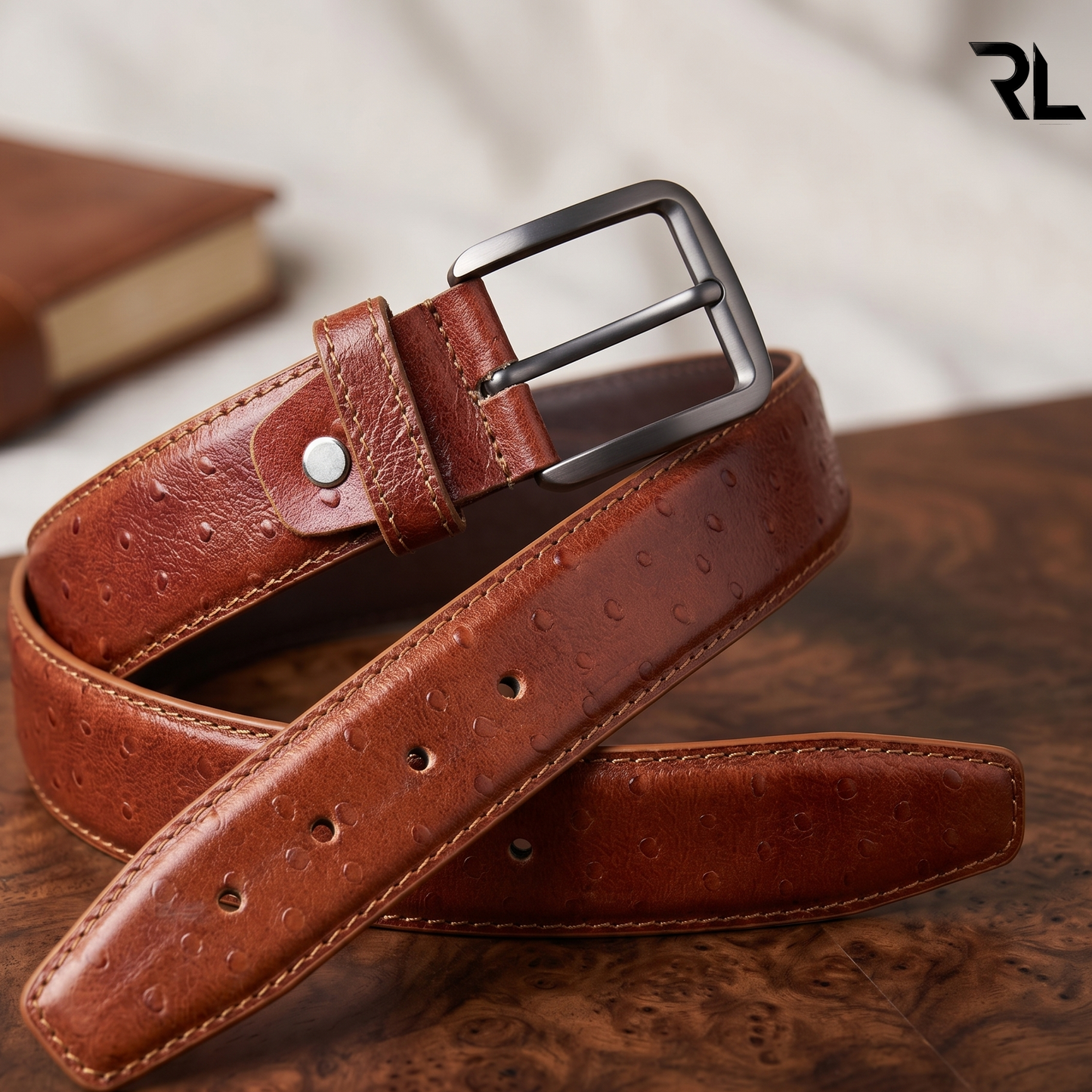 Formal Leather Belt Ostrich Print - Tan