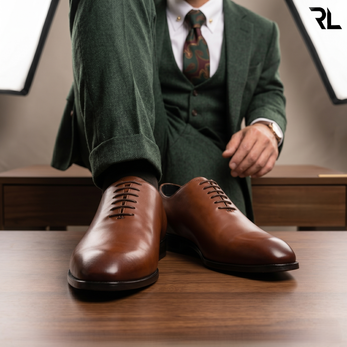 Leather Wholecut Shoe for Men's - Tan- 2009
