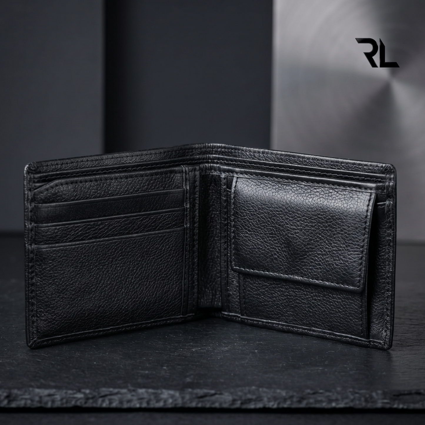 Black Leather Bi-Fold Wallet with Card Holder