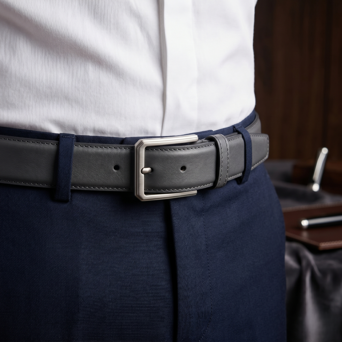 Men's Grey Formal Genuine Leather Belt with Classic Metal Buckle