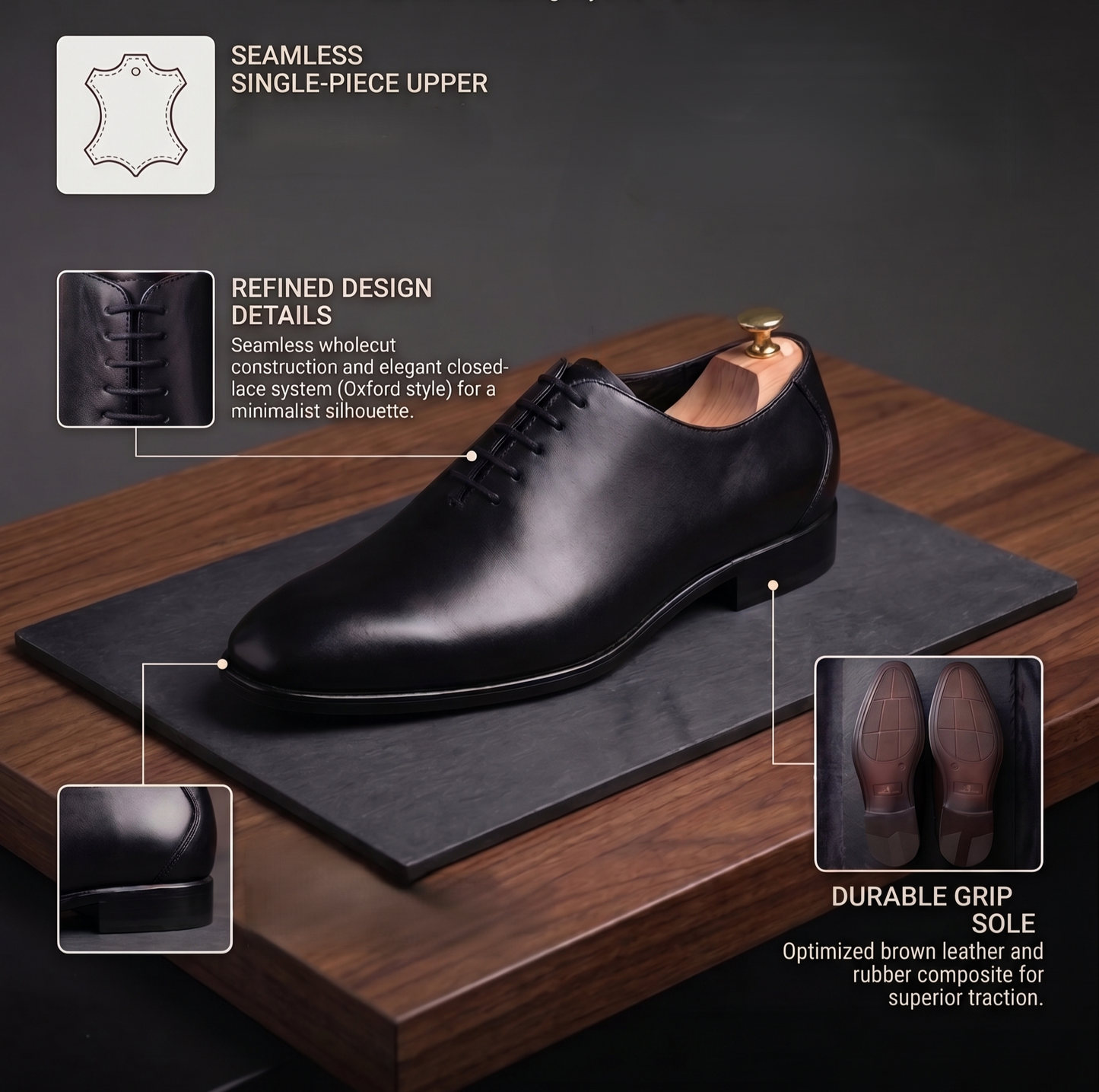 Leather Wholecut Shoe for Men's - Black - 2009