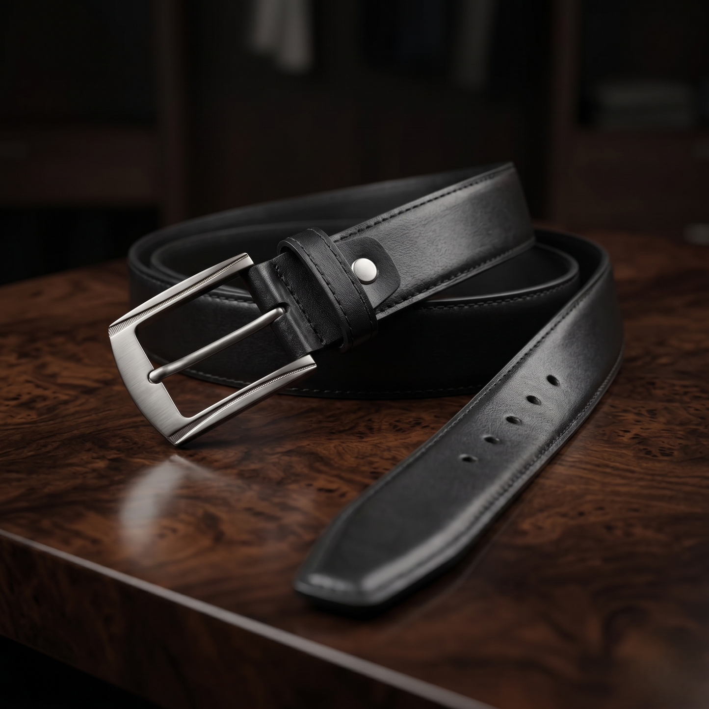 Men's Black Formal Genuine Leather Belt with Classic Metal Buckle