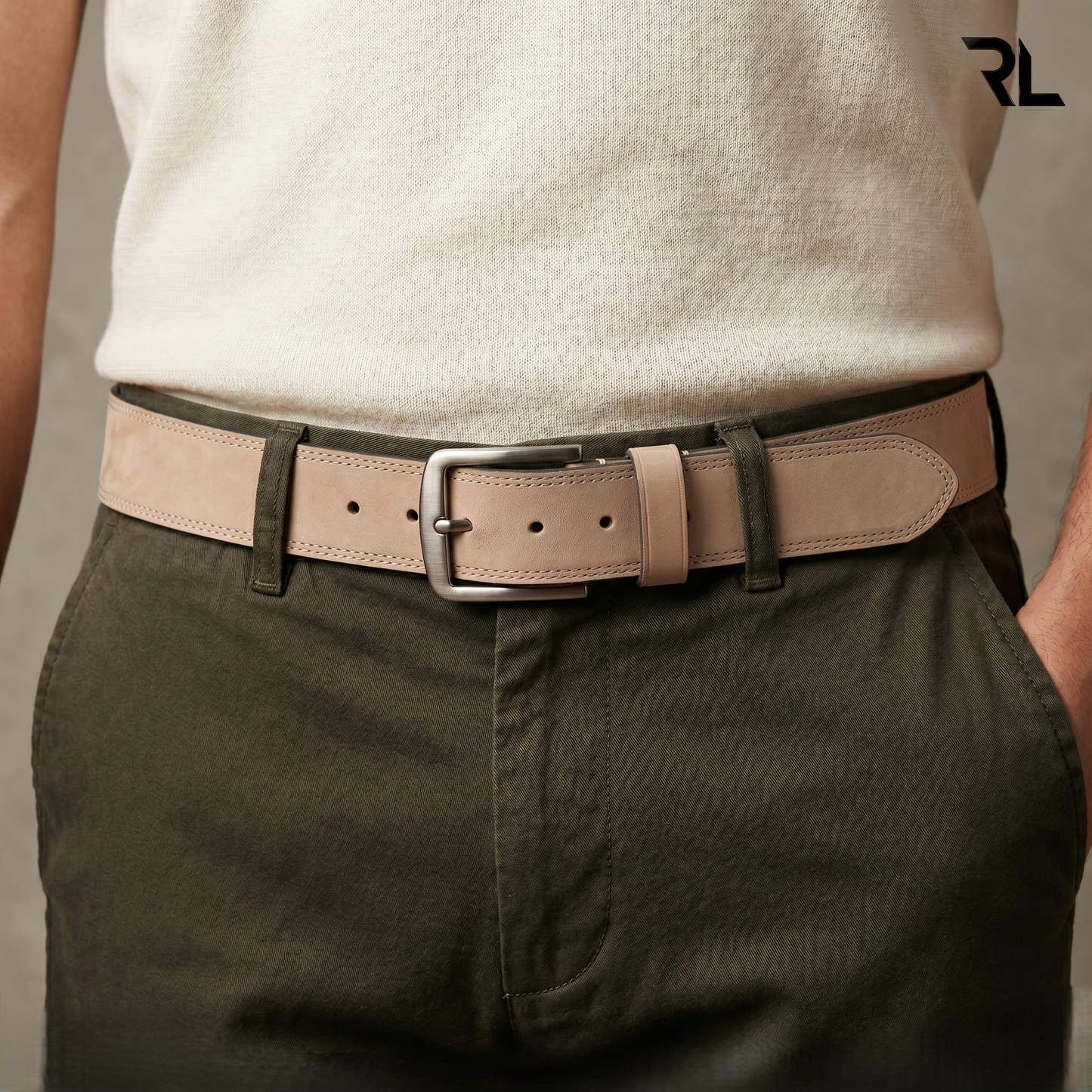 Leather Casual Belt Nubuck Cream