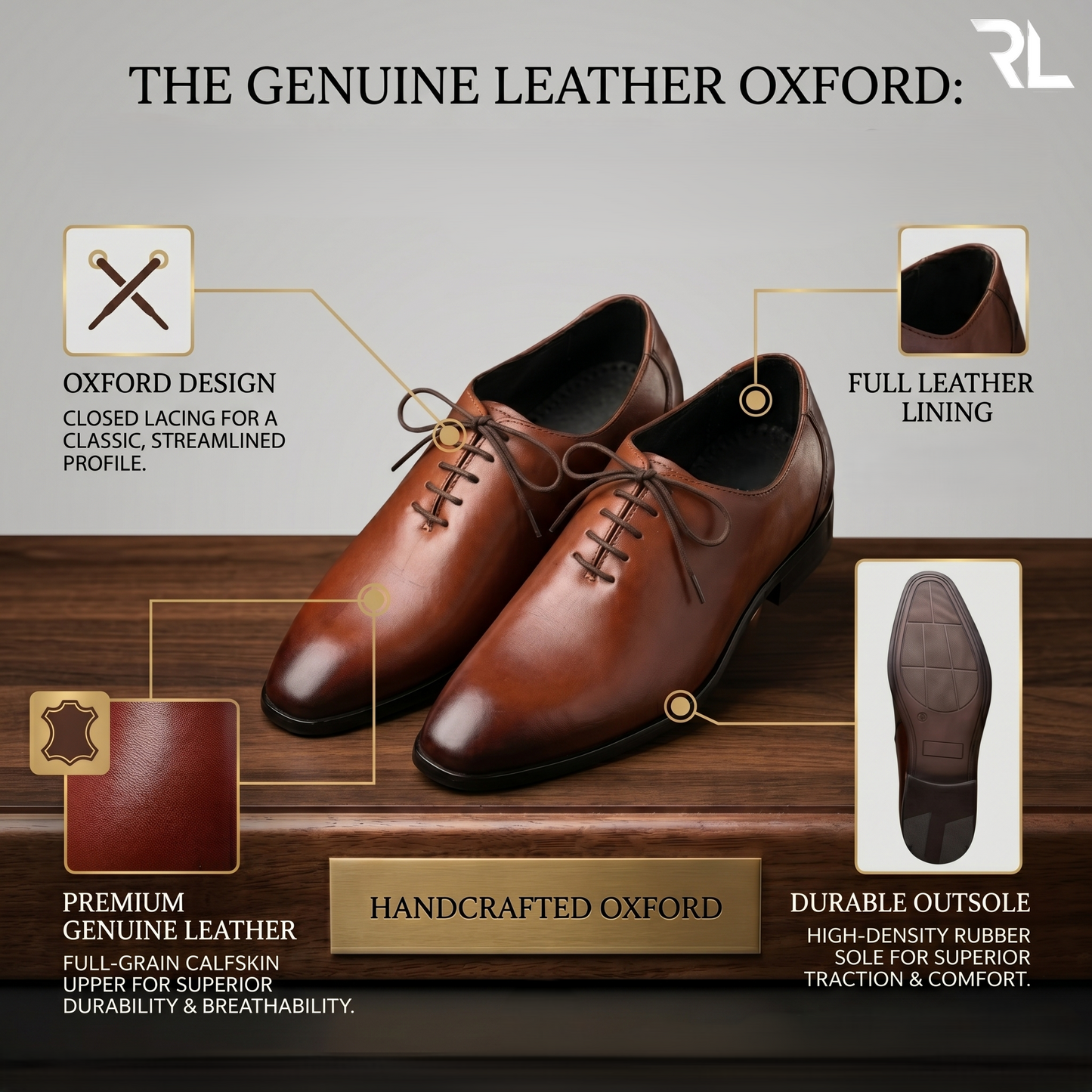 Leather Wholecut Shoe for Men's - Tan- 2009