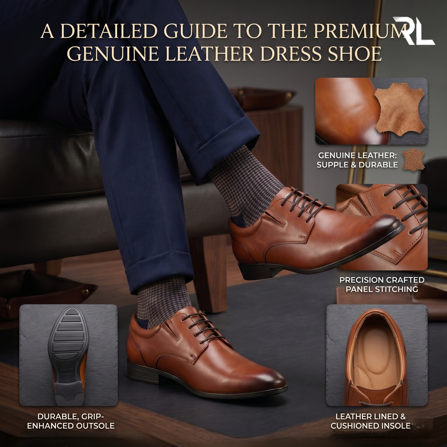 Leather Derby Shoe for Men's - Tan - 2005