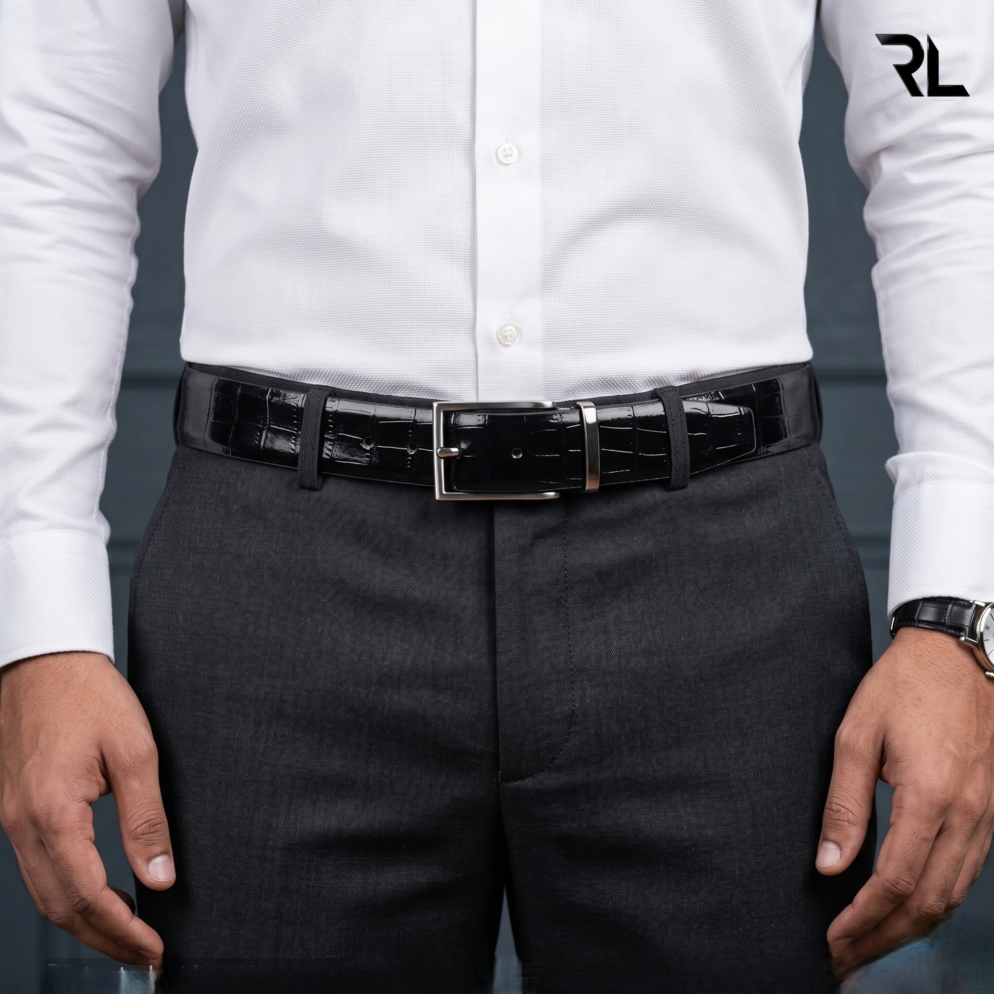 Leather croco print belt for men's - Black/Tan