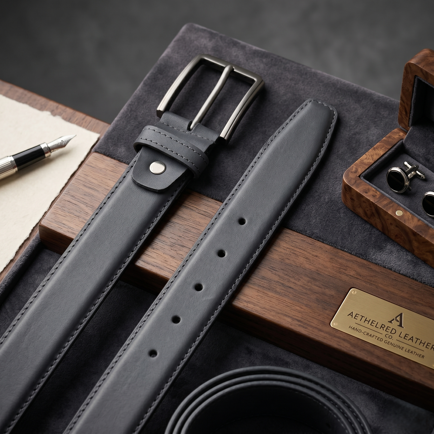 Men's Grey Formal Genuine Leather Belt with Classic Metal Buckle