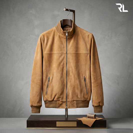 Suede Leather Bomber Jacket - Camel - 9001